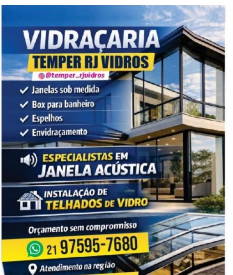 Folder da Temper RJ Vidros: janelas sob medida, box para banheiro, espelhos, envidraçamento, janela acústica e telhados de vidro no Rio de Janeiro RJ